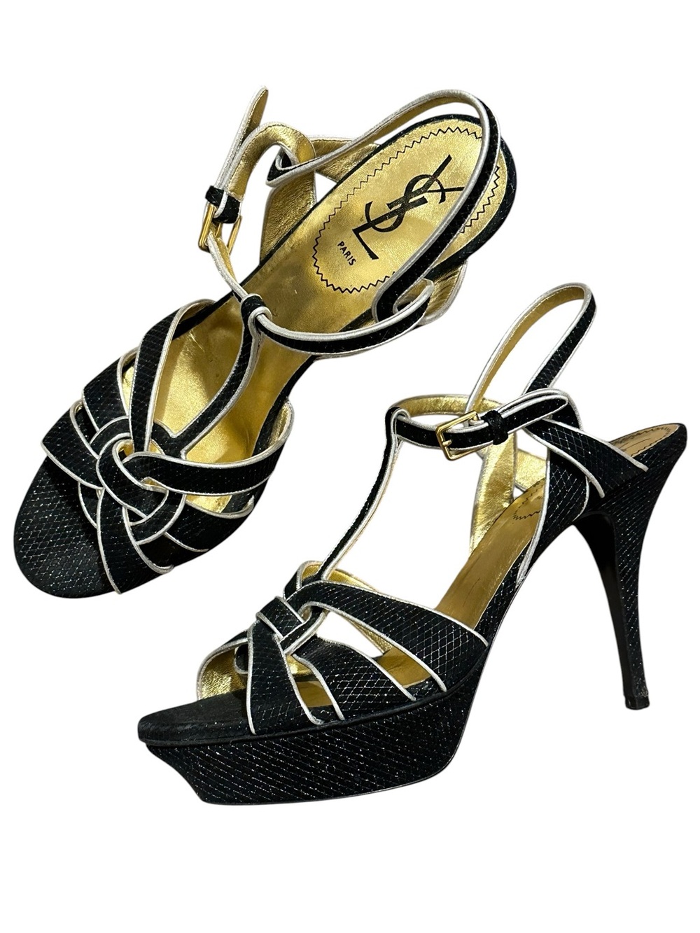 YSL Yves Saint Laurent Tribute Black Leather T-Strap Platform Heeled Sandal